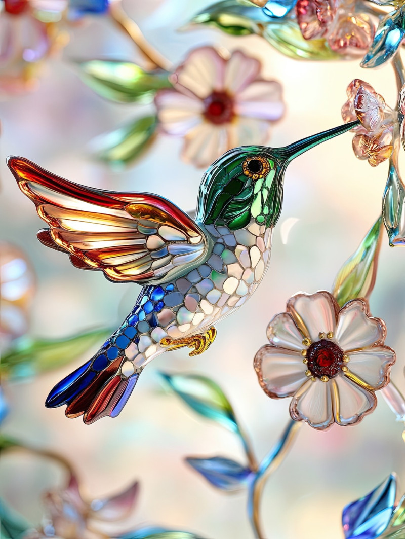 Hummingbird hovering over bright blossoms, wings shimmering in millefiori glass colors, delicate millefiori beads add depth to this nature inspired millefiori pendant design