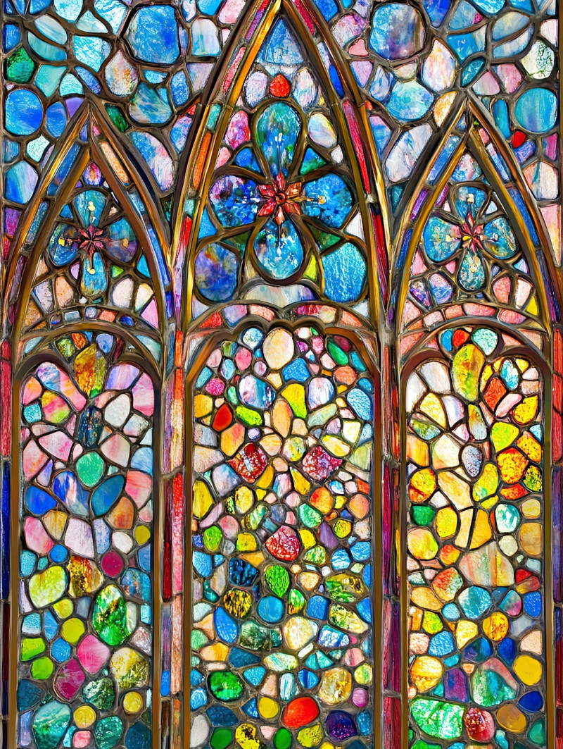 Stained glass cathedral windows glowing with intricate millefiori glass patterns, light shining through colorful millefiori beads creates a mesmerizing spiritual ambiance, millefiori pendant concept