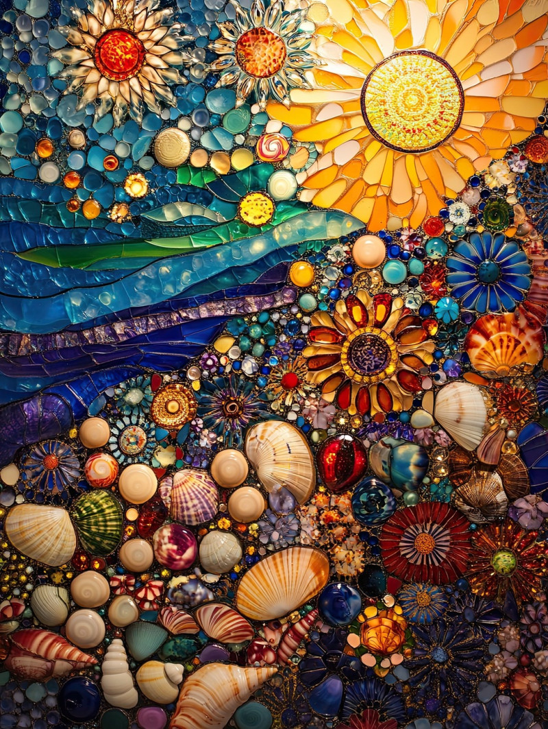 Sunset casting golden hues over a shore covered in seashells, shimmering with millefiori glass patterns, millefiori beads create a serene beach inspired millefiori pendant