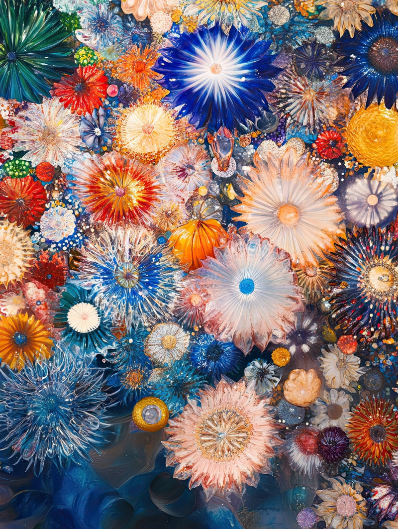 Fireworks bursting in a starry night sky, glowing with millefiori glass details, millefiori beads create dazzling patterns, adding energy and celebration, millefiori pendant concept