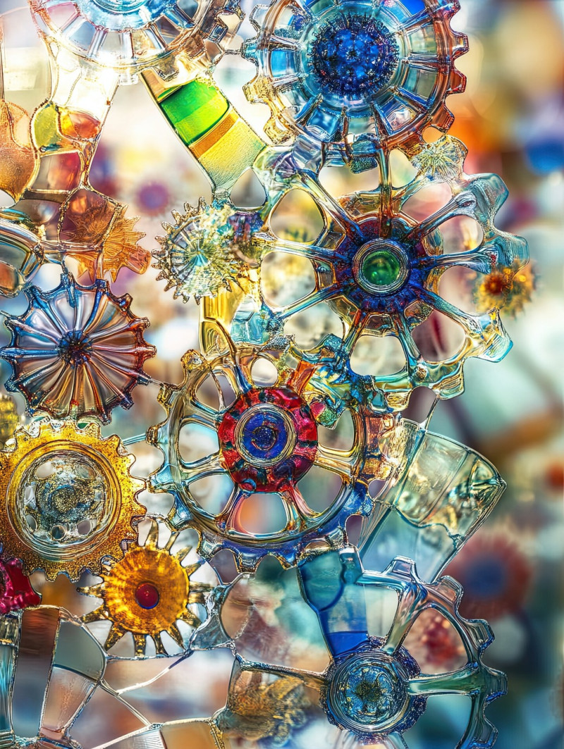 Interwoven gears forming floral patterns, crafted with millefiori glass elements, millefiori beads merge mechanics and nature in a unique millefiori pendant design