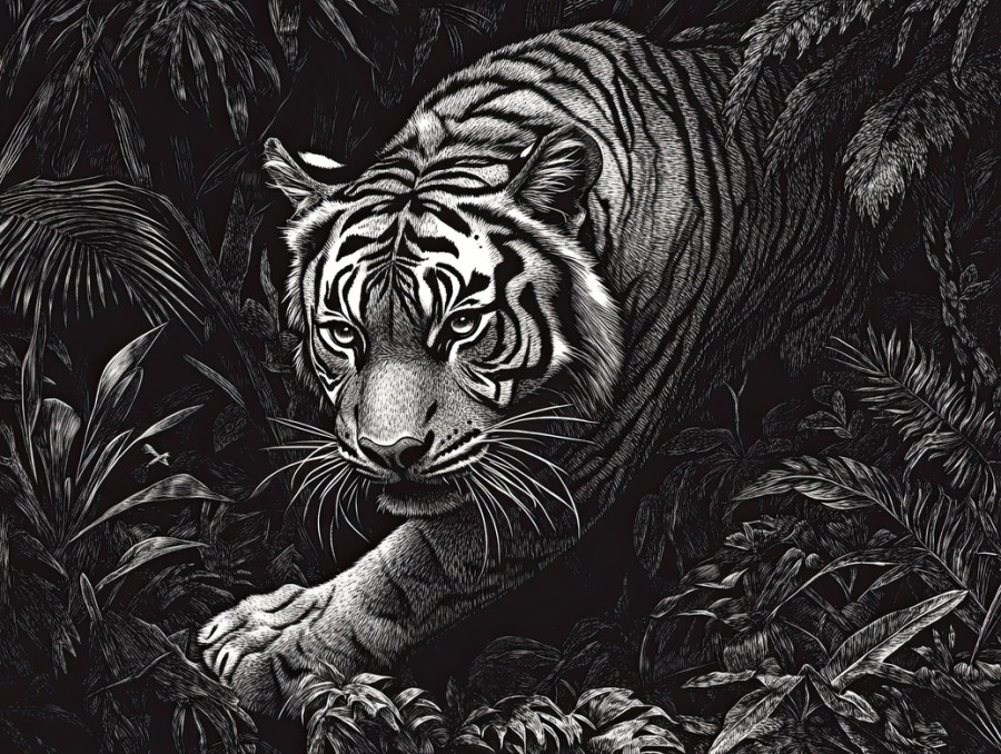 Majestic tiger prowling through a dense jungle, muscles tensed, eyes sharp, scratchboard art with intricate lines capturing the wild predator in motion