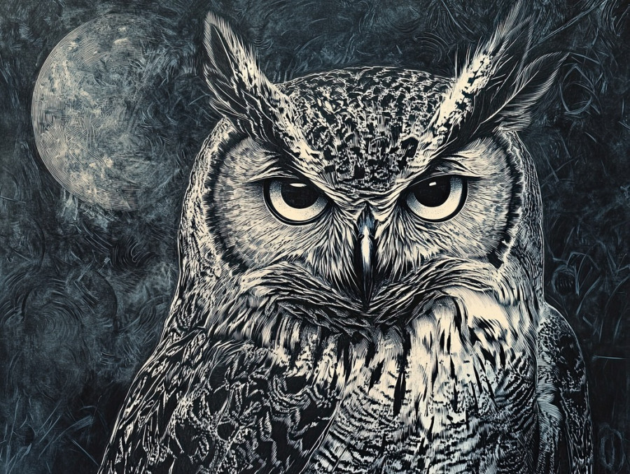 Owl staring with piercing eyes under the moonlight, feathers detailed in fine textures, scratchboard art showcasing nocturnal mystery and keen vision