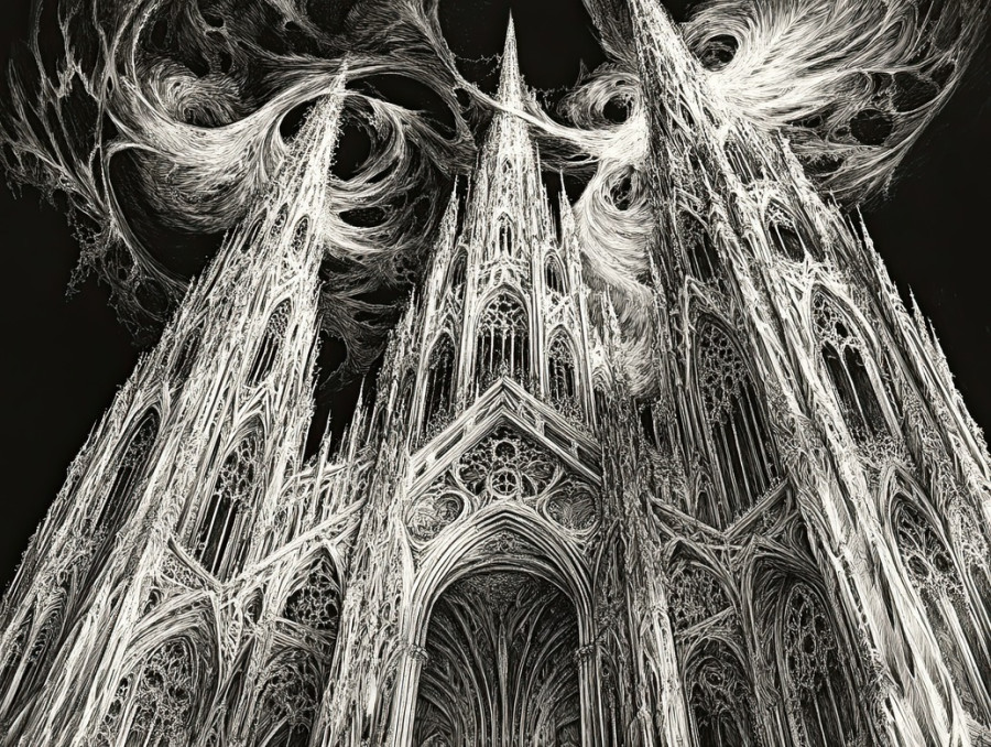 Gothic cathedral with towering spires and ornate details, exuding historic grandeur, scratchboard art emphasizing the dramatic architecture of sacred spaces