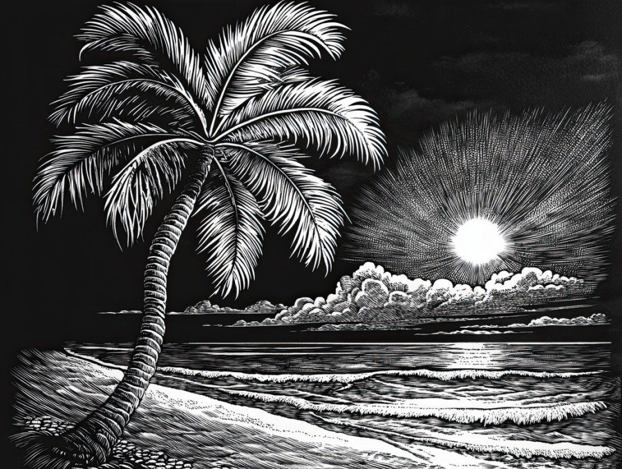 Lone palm tree bending gracefully in the ocean breeze, waves rolling nearby, scratchboard art illustrating tropical serenity and coastal landscapes