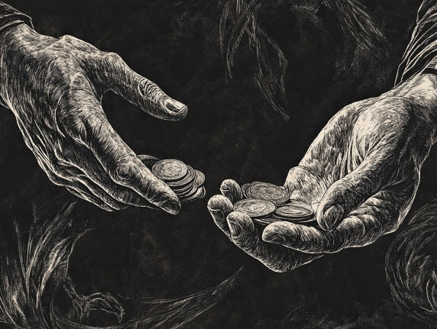 Hands exchanging coins over a ledger, symbolizing finance and trade, scratchboard art portraying business, commerce, and economic transactions