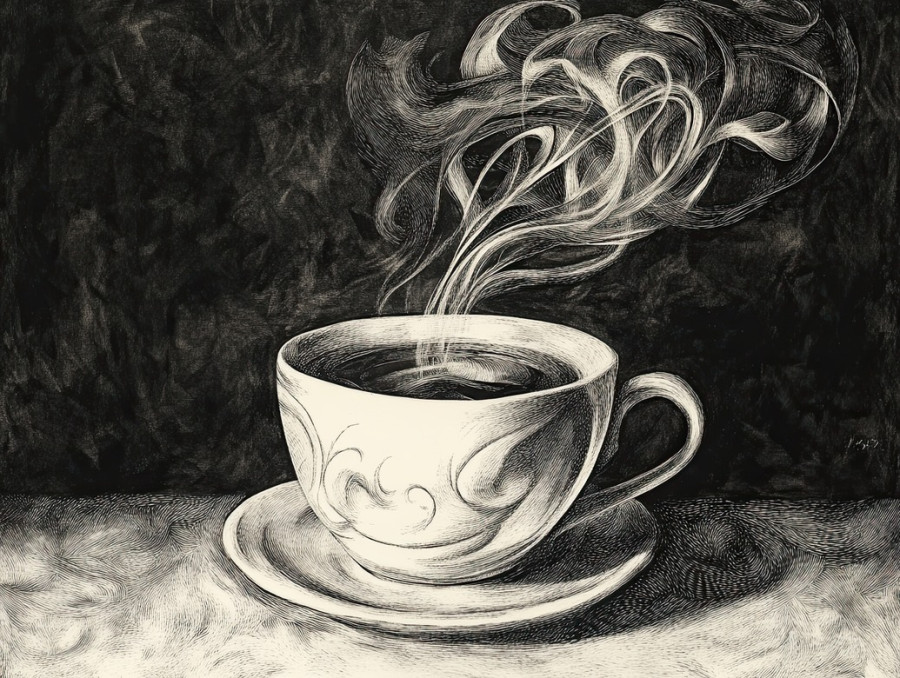 Steaming cup of coffee with rich aroma swirling, evoking warmth and comfort, scratchboard art highlighting the beauty of morning rituals and rich flavors