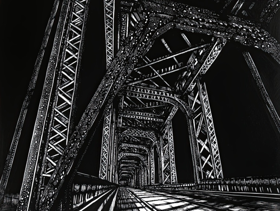 Towering steel bridge with riveted beams stretching across the skyline, scratchboard art showcasing industrial strength, architecture, and engineering
