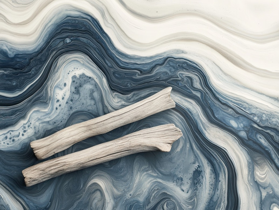 Weathered driftwood resting on a shore with swirling waves, resembling suminagashi, natural textures meet fluid motion, suminagashi kit, suminagashi paper