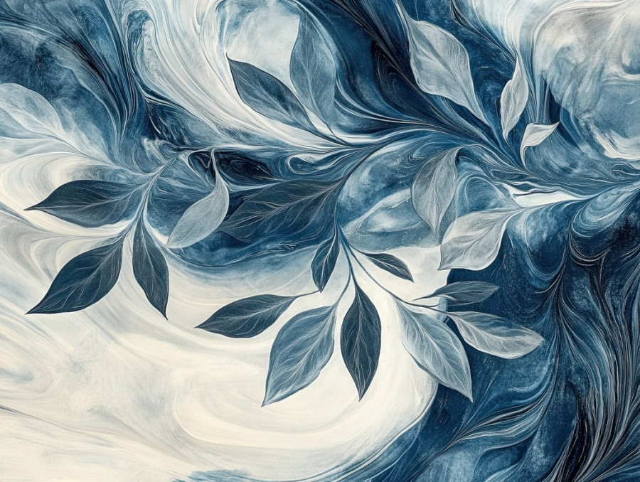 Herbal leaves floating in liquid motion with suminagashi inspired swirls, organic patterns blending nature and fluidity, suminagashi kit, suminagashi paper