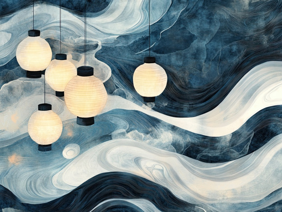 Floating lanterns drifting on rippling waves, creating mesmerizing suminagashi patterns, a serene and symbolic celebration, suminagashi kit, suminagashi paper