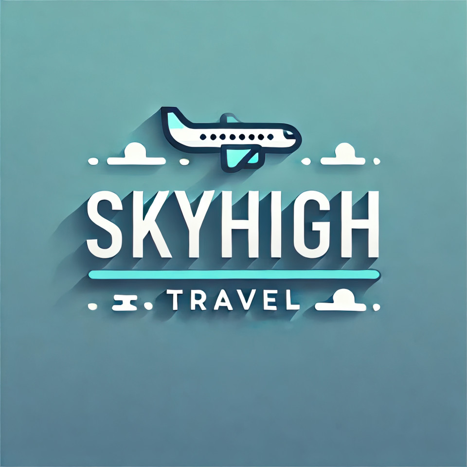 Minimalist typographic logo for skyhigh travel, a travel agency, with sleek typography reflecting adventure, vacations, and tourism branding