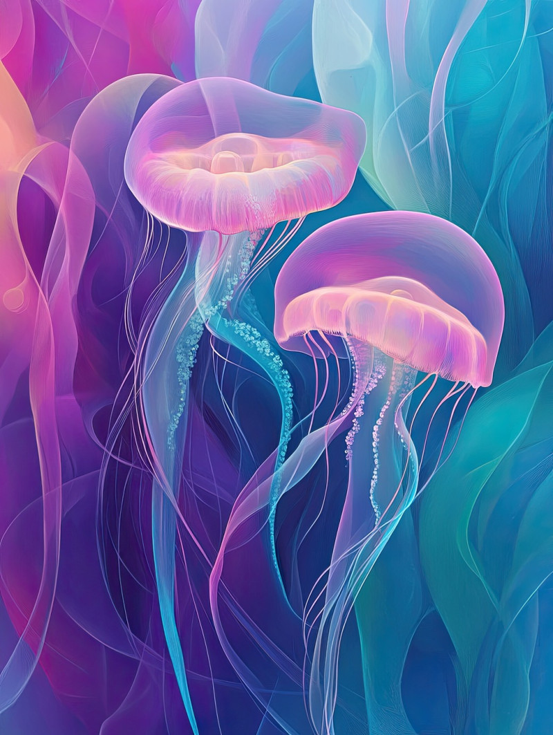 Glowing jellyfish drifting in the deep sea, soft luminescent light contrasts with dark ocean depths, airbrush drawing, air brush drawing, airbrush sketch