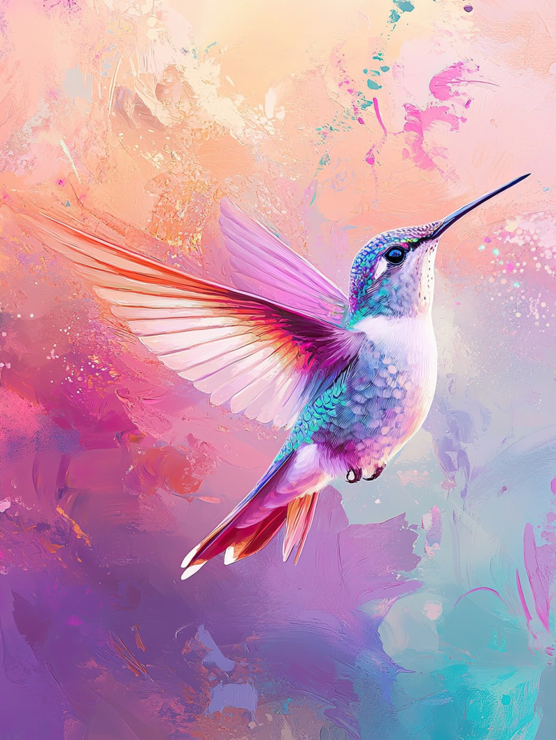 A delicate hummingbird hovering in mid flight, wings beating rapidly, feeding on nectar, showcasing agility, airbrush drawing, air brush drawing, airbrush sketch