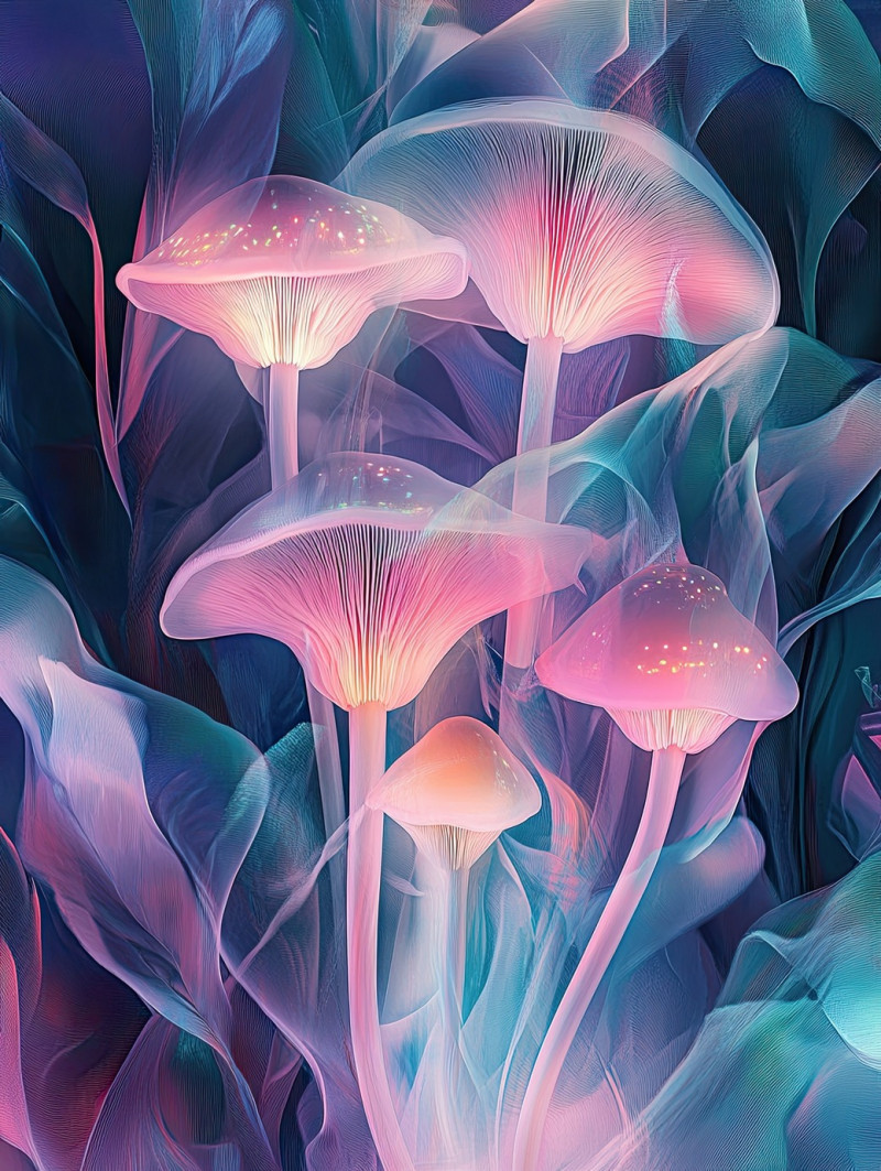 Neon bioluminescent mushrooms glowing in the dark, casting an otherworldly light, a surreal nature inspired scene, airbrush drawing, air brush drawing, airbrush sketch