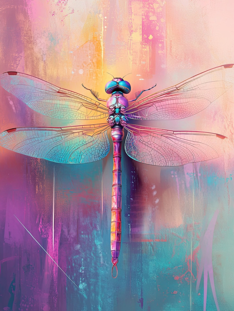 Detailed anatomy of a dragonfly in soft shading, translucent wings and intricate body structure in a delicate form, airbrush drawing, air brush drawing, airbrush sketch
