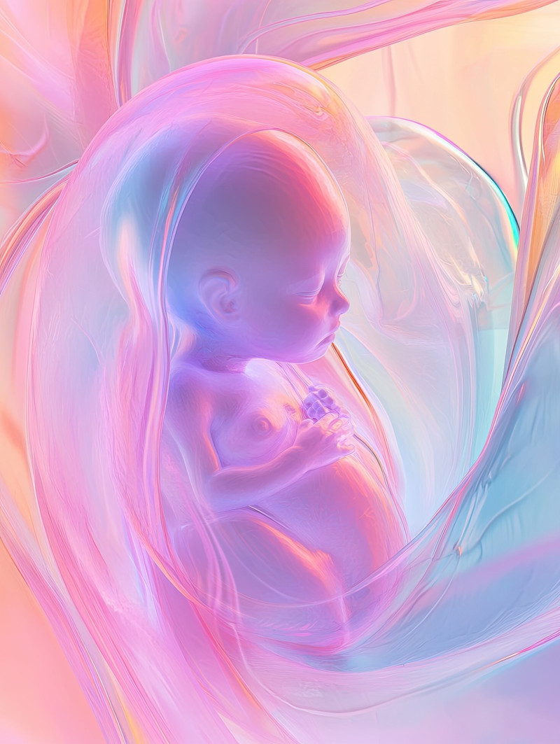 Softly lit human embryo illustration, delicate details highlighting early development, symbolizing new life, airbrush drawing, air brush drawing, airbrush sketch