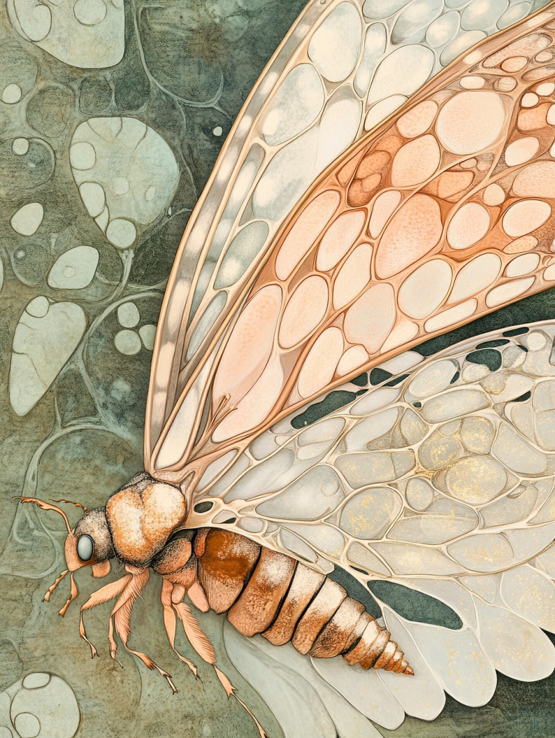 Beetle wing dissection displaying wing layers, venation, and protective shell, biological illustration, bio illustration, illustration biology