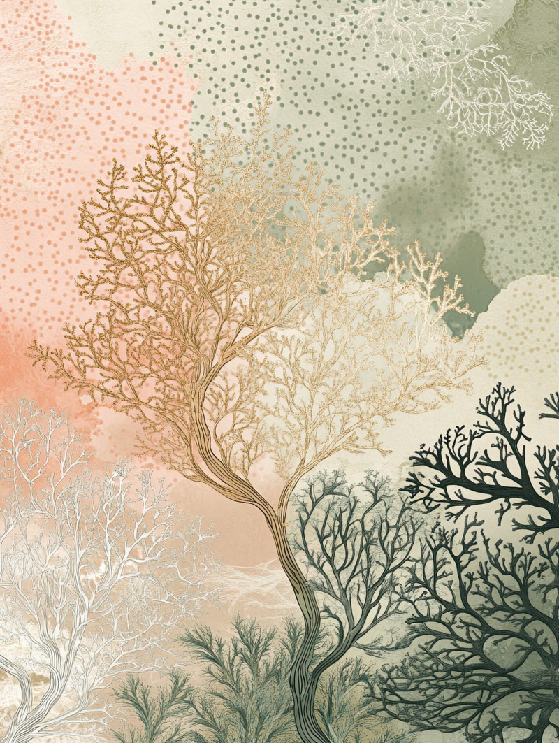 Coral growth patterns illustrating reef formation, polyps, and branching structures, biological illustration, bio illustration, illustration biology