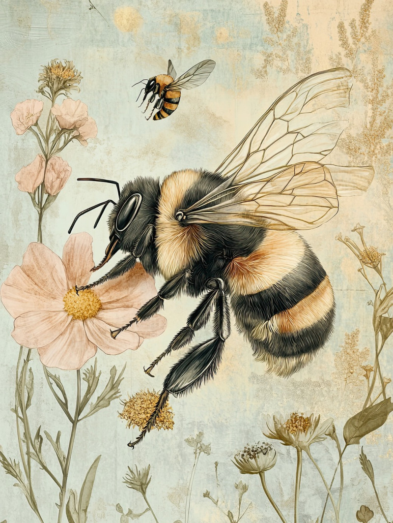 Bee pollination process showing a bee collecting nectar and spreading pollen, biological illustration, bio illustration, illustration biology