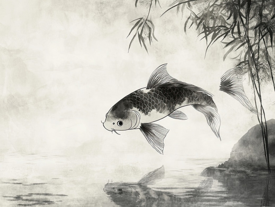 Elegant koi fish swimming gracefully in a serene pond, painted in traditional chinese ink and brush style, chinese ink painting capturing movement and harmony