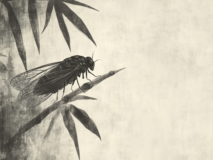 A delicate cicada resting on a bamboo leaf, depicted with flowing brushstrokes in chinese ink painting, symbol of nature's resilience and fleeting beauty