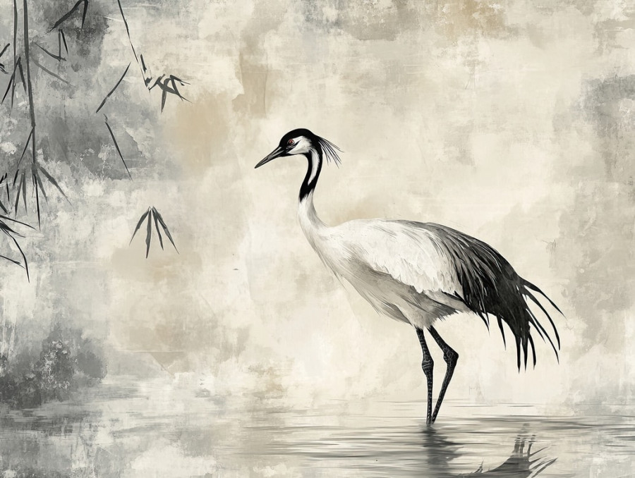 A graceful crane stands in shallow water, its long legs and poised stance depicted in traditional chinese ink painting, symbol of longevity and wisdom
