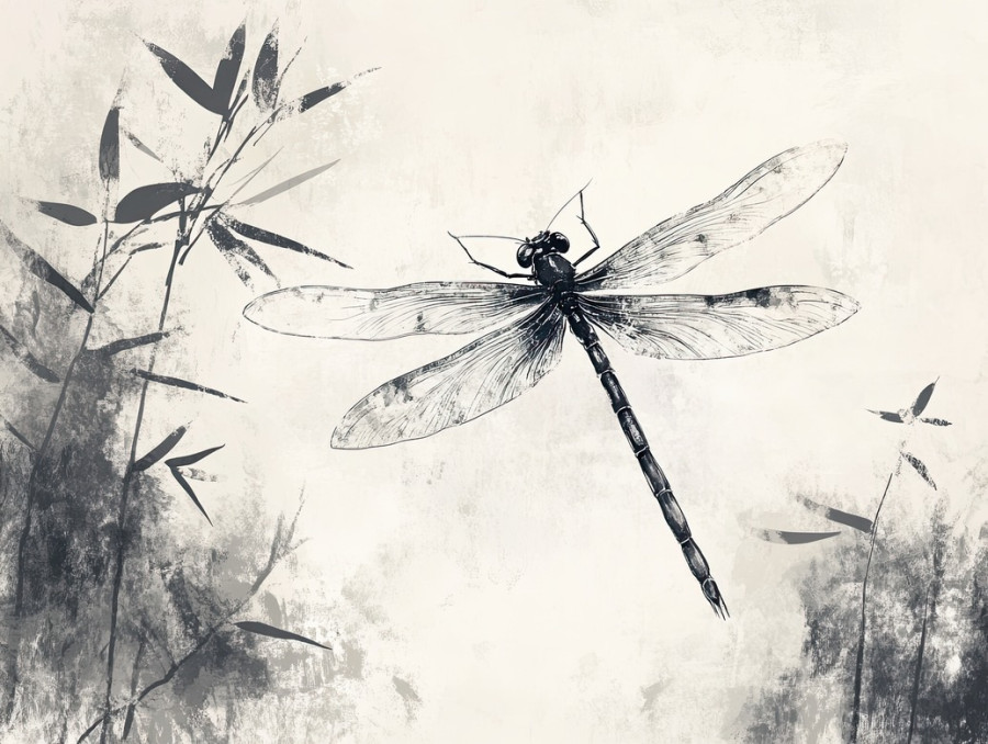 A twisting dragonfly in mid flight, wings spread in dynamic motion, captured in a fluid chinese ink and brush painting, represents transformation and lightness