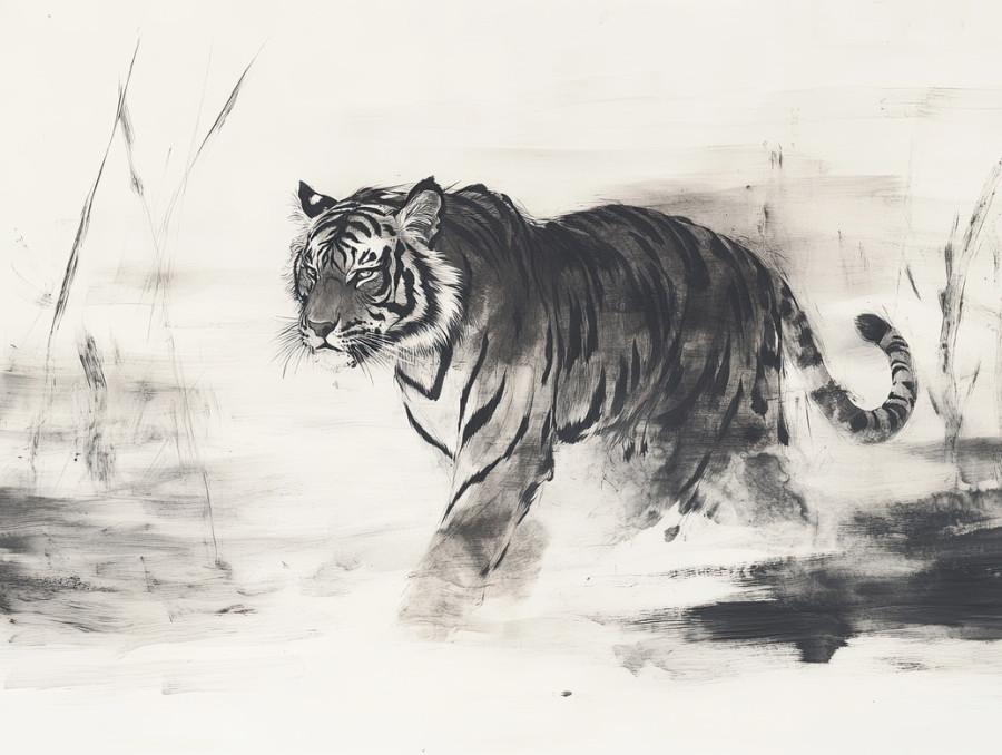 A majestic tiger emerging from swirling mist, its fierce gaze and powerful form highlighted in chinese ink painting, symbol of strength and courage