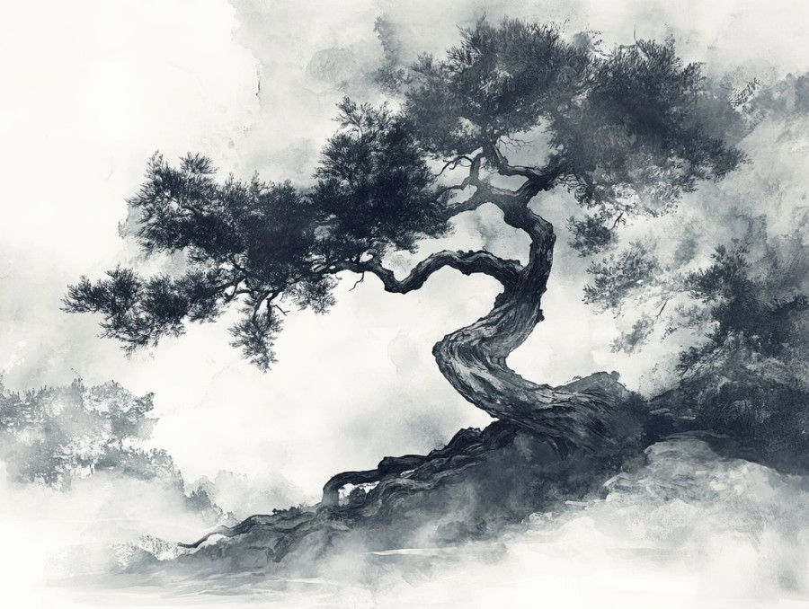 An ancient pine tree with gnarled roots, standing strong against time, painted in expressive chinese ink and brush style, a symbol of resilience and endurance