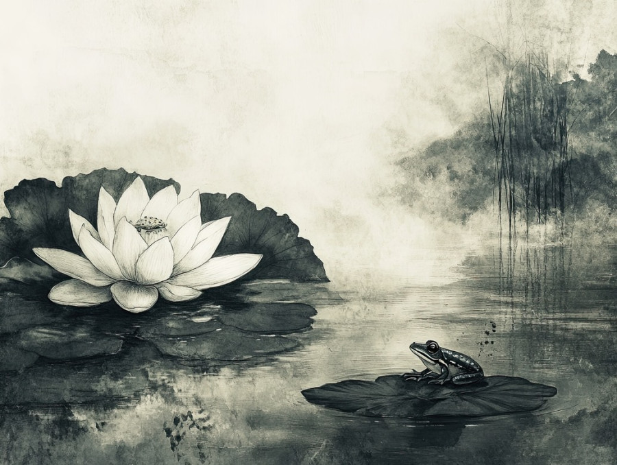 A minimalist lotus flower with a small frog resting on its leaf, delicately portrayed in chinese ink painting, represents purity, harmony, and balance