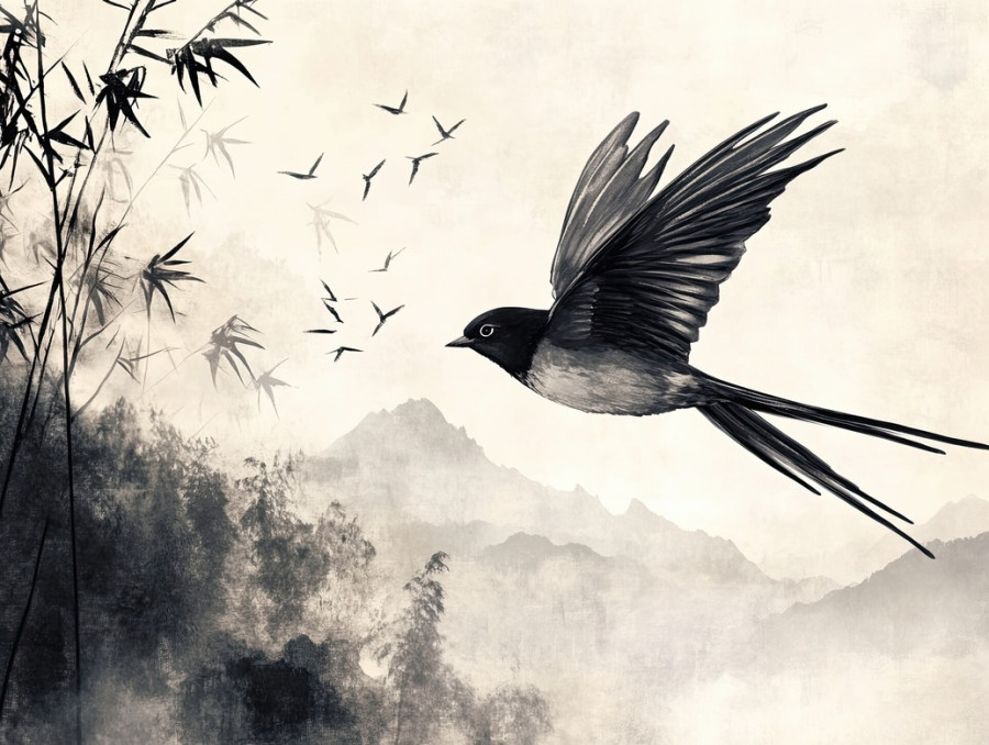 A silhouetted swallow captured mid flight, wings stretched against a blank canvas, painted in traditional chinese ink and brush style, symbol of freedom and grace