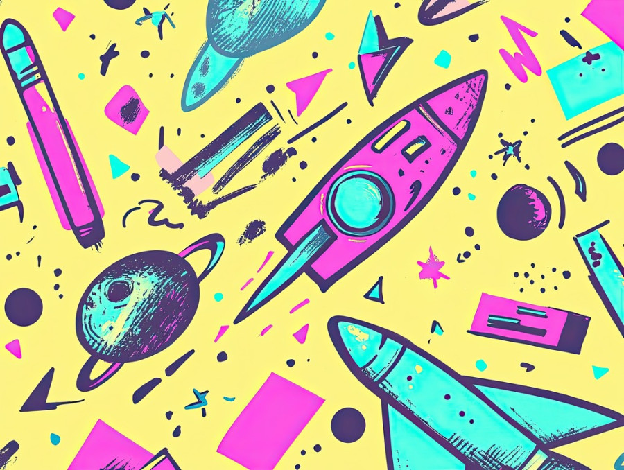 Space adventure with planets, rockets, and astronauts in a playful hand-drawn style, colorful sketch notes add a creative touch to cosmic exploration