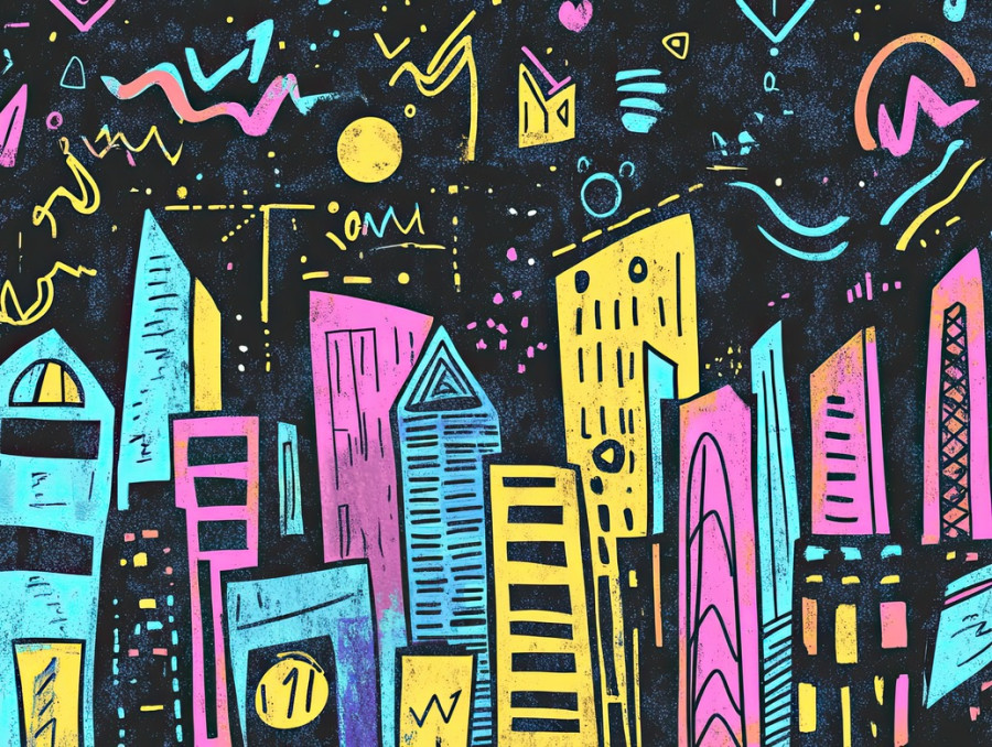 City skyline at night with glowing buildings, stars, and neon lights, colorful sketch notes bring an artistic and vibrant urban atmosphere