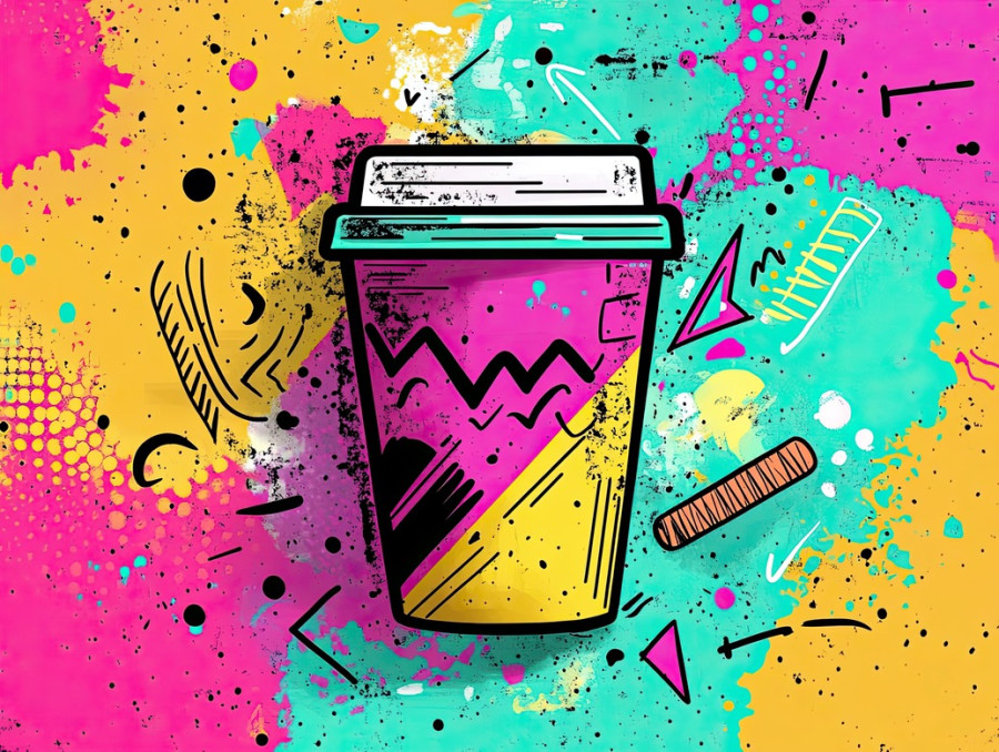 Dreamy coffee cup with swirling steam, cozy vibes, and creative doodles, colorful sketch notes enhance the warm and relaxing mood