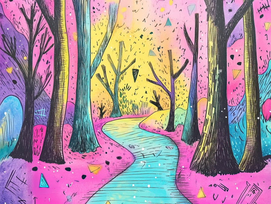 Magical forest path with glowing mushrooms, twinkling lights, and mystical trees, colorful sketch notes add a whimsical and enchanted feel