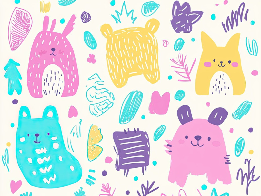 Cute animal doodles of cats, dogs, rabbits, and more in a playful hand-drawn style, colorful sketch notes make them fun and lively
