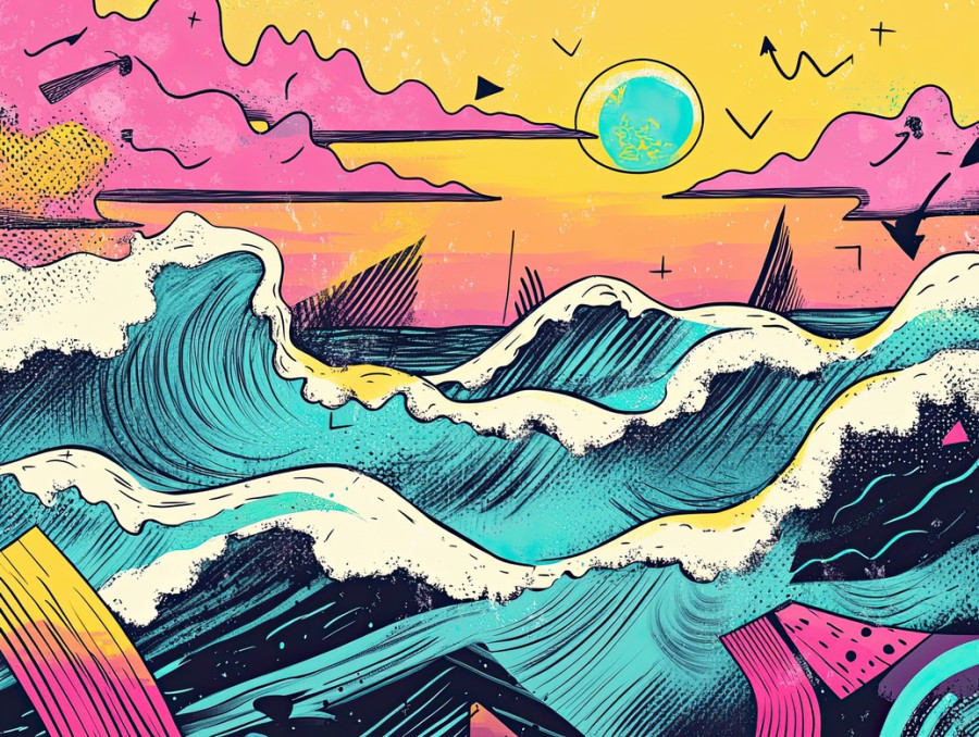 Ocean waves and sunset with a golden horizon, peaceful seascape, and artistic patterns, colorful sketch notes capture the beauty of nature
