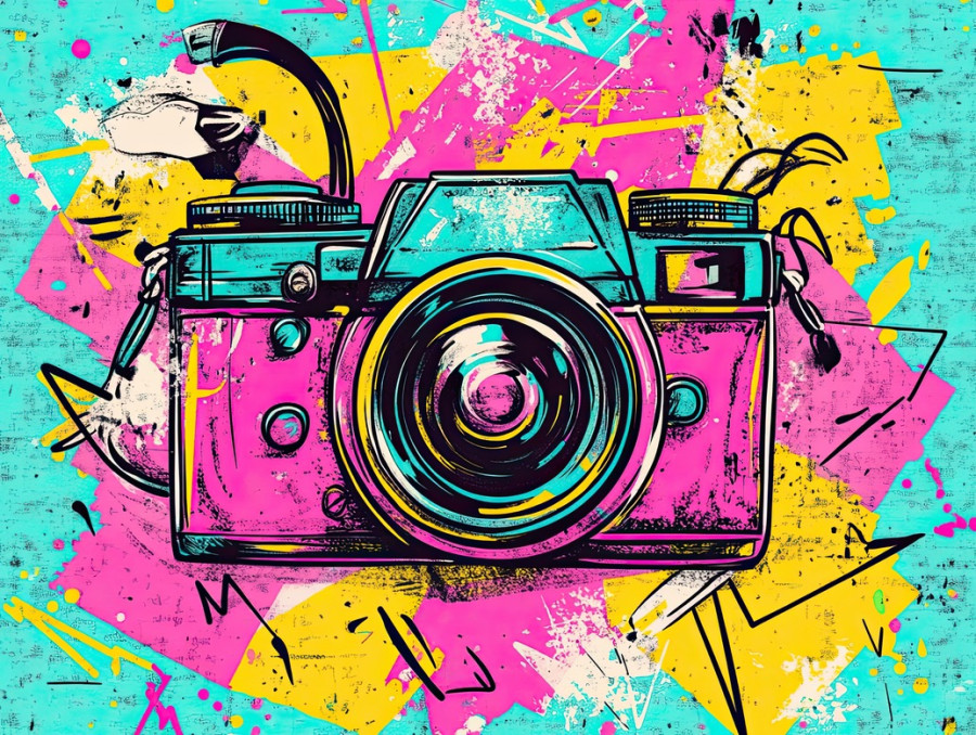 Vintage camera with retro details, photography nostalgia, and aesthetic elements, colorful sketch notes highlight the charm of old-school photography