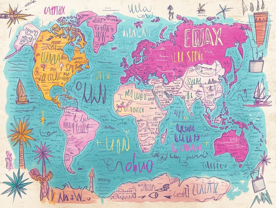 Travel the world map with famous landmarks, airplanes, and a sense of adventure, colorful sketch notes inspire exploration and wanderlust