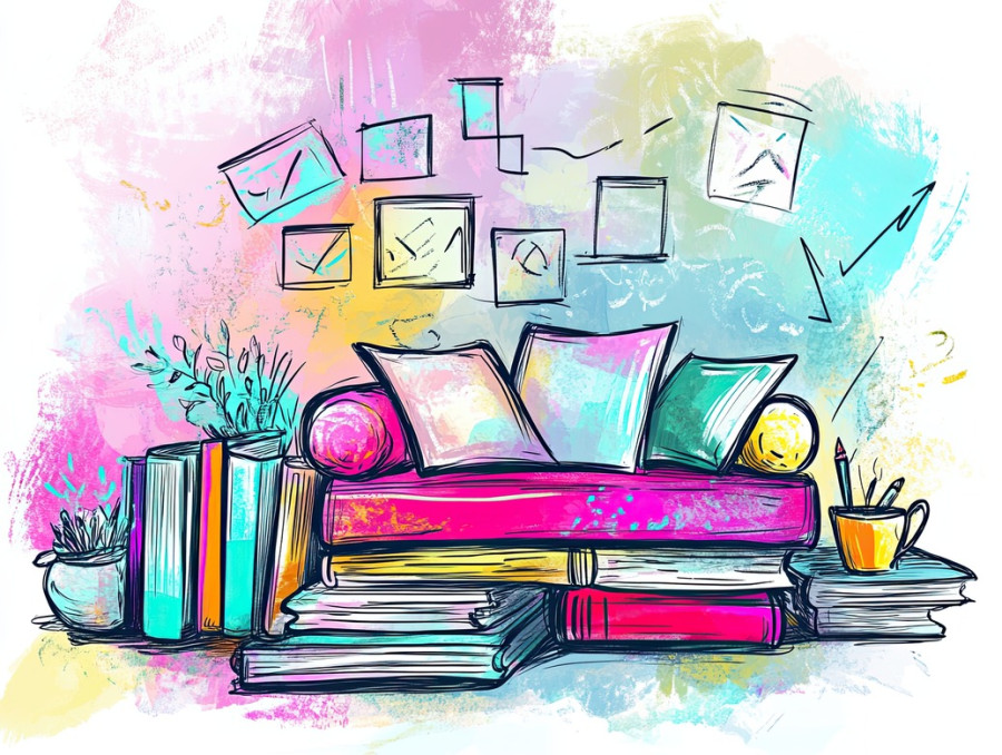 Books and cozy reading nook with warm lighting, soft pillows, and literary charm, colorful sketch notes create a relaxing and bookish retreat