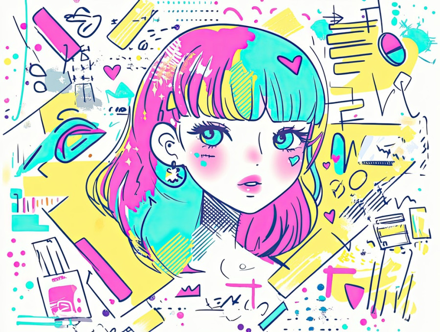 Retro 90s aesthetic with cassette tapes, roller skates, and neon patterns, colorful sketch notes capture the fun and nostalgic vibes of the era
