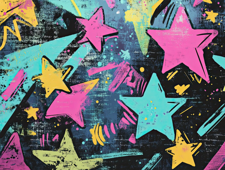 Galaxy and shooting stars with cosmic swirls, planets, and glowing trails, colorful sketch notes bring a dreamy and futuristic space theme