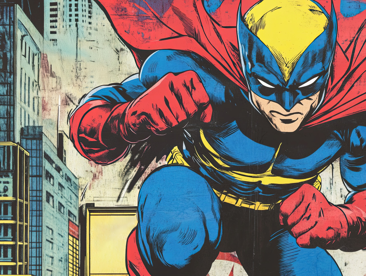 Masked vigilante standing on a rooftop at night, scanning the city for danger, ready to strike, comic book style, 3d comic style, anime style comics