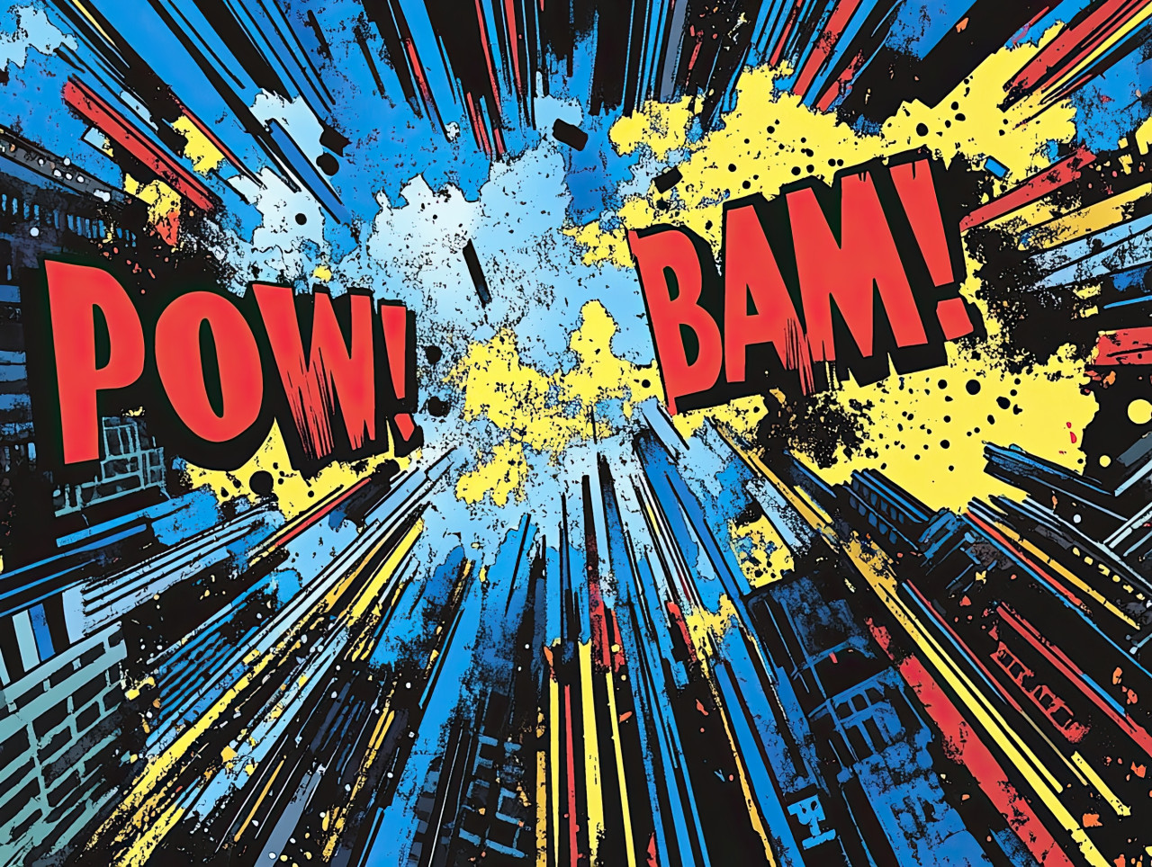 Dark clouds and lightning flashing over a city skyline as a thunderstorm rages, comic book style, 3d comic style, anime style comics