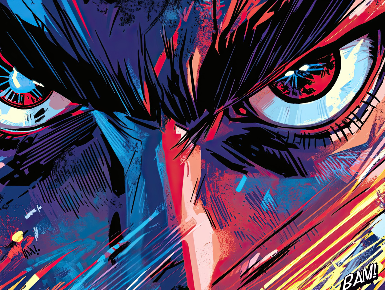 Close up of intense eyes glowing with power, filled with determination and mystery, comic book style, 3d comic style, anime style comics