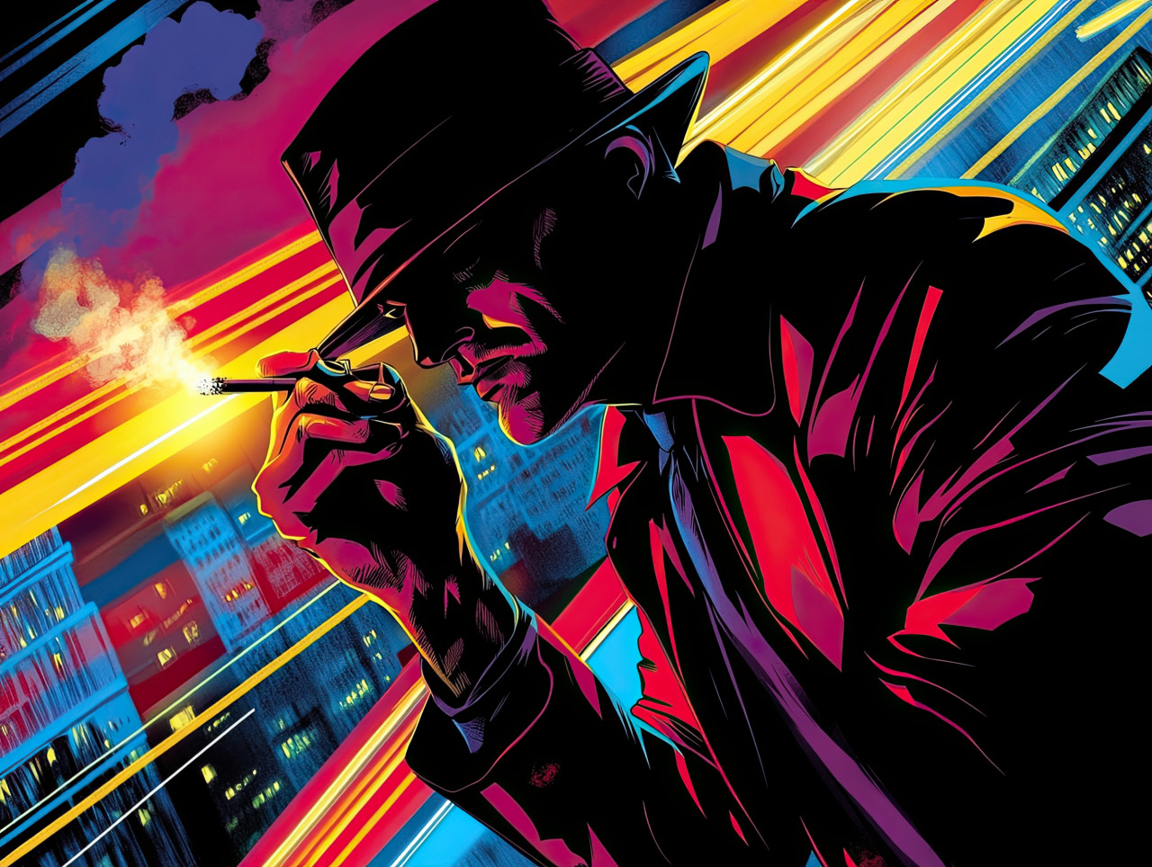 Noir detective lighting a cigarette in dim light, deep in thought, solving a case in a gritty city, comic book style, 3d comic style, anime style comics