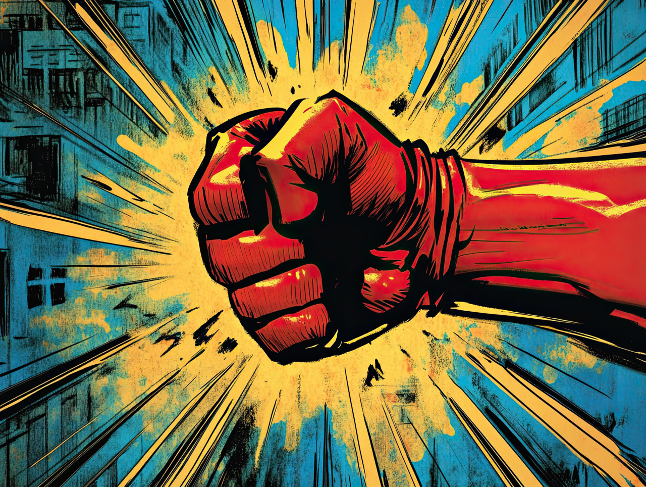 A powerful fist smashing through a wall, bricks flying in all directions with raw energy, comic book style, 3d comic style, anime style comics