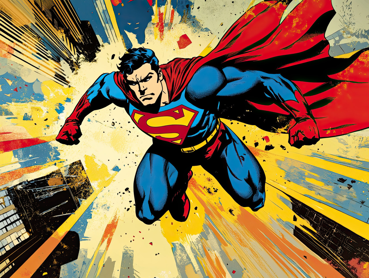 Superhero landing in a strong pose, fists clenched, ready to face the next challenge, comic book style, 3d comic style, anime style comics