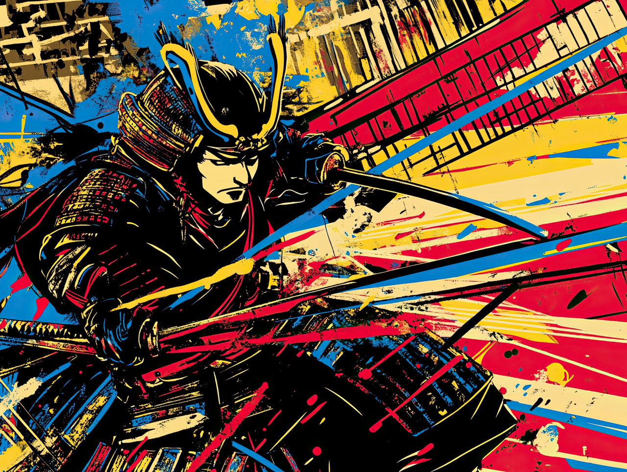 Samurai warrior in mid battle, gripping a katana, striking with precision and skill, comic book style, 3d comic style, anime style comics